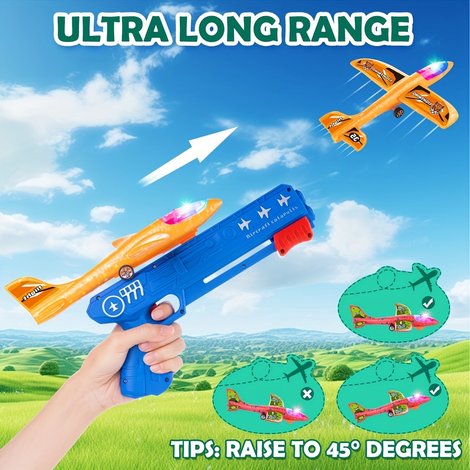 Airplane Launcher Toy 3 Planes 1 Shot – 2 Flight Modes Outdoor Flying Game with Customizable Stickers for Kids Ages 3-12 Birthday Christmas Gift