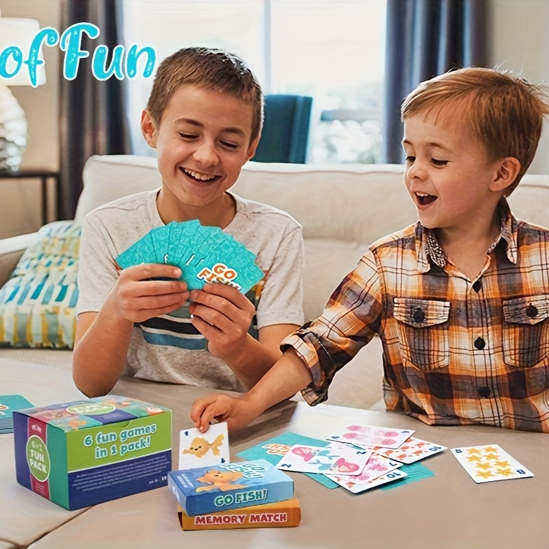 6-in-1 Kids Card Games Set Go Fish Old Maid Crazy Eights Memory Match Slap Jack Animal Cards 6 Decks Family Game Night Ages 4+ Birthday Gift
