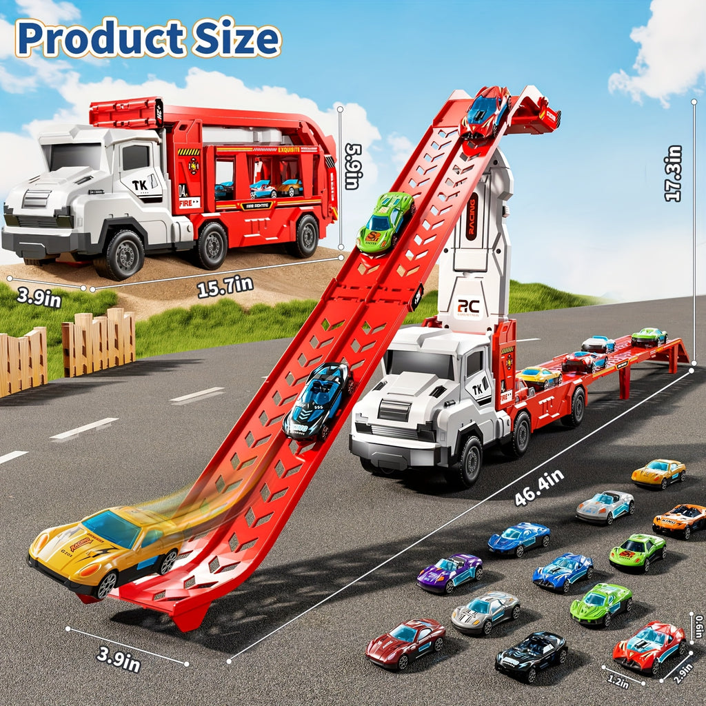 3-in-1 Kids Carrier Truck Toy with Car Tracks, 12 Racing Cars, Foldable Race Track & Garage – Toddler Birthday Gift for Boys Girls Ages 3+, Red