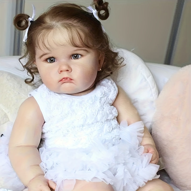 24 Inch Realistic Reborn Girl Doll with 3D Painted Skin & Soft Vinyl Limbs – Hand-Rooted Hair, Acrylic Eyes, White Dress, Pacifier, Bottle & Birth Card, 60cm Collector Gift for Kids Ages 3+