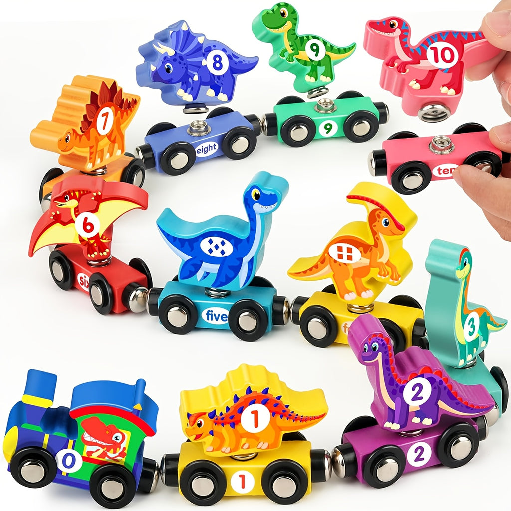 Dinosaur Magnetic Wooden Train Set 11pcs Number Learning - Educational STEM Toy for Toddlers Ages 3-5, Birthday Christmas Gift for Boys & Girls