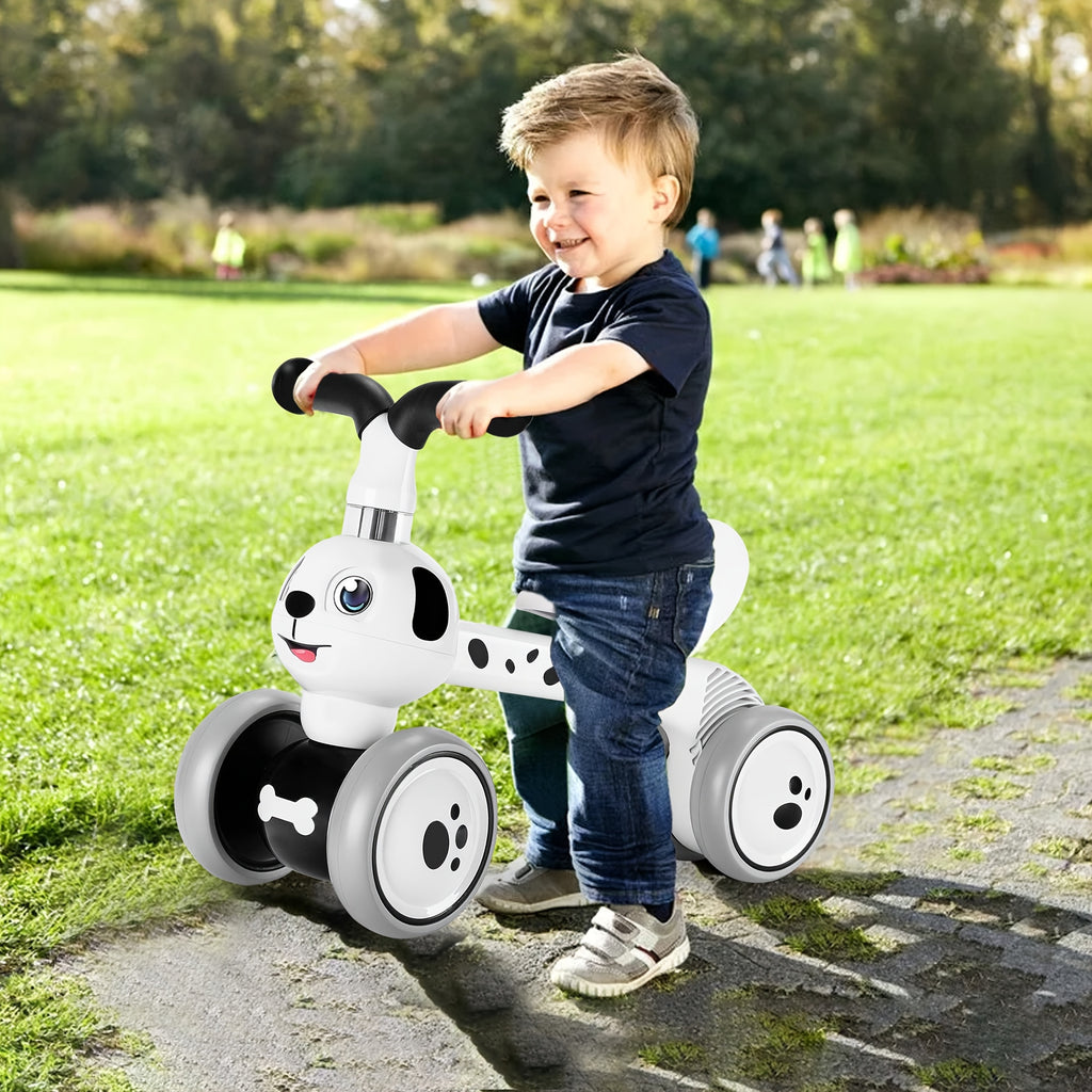 Toddler Balance Bike 10-36 Months – 4 Wheel No Pedal Baby Ride On Toy, Dalmatian Dog Style, Adjustable Seat & EVA Wheels – Best First Birthday Gift for Baby Boys & Girls