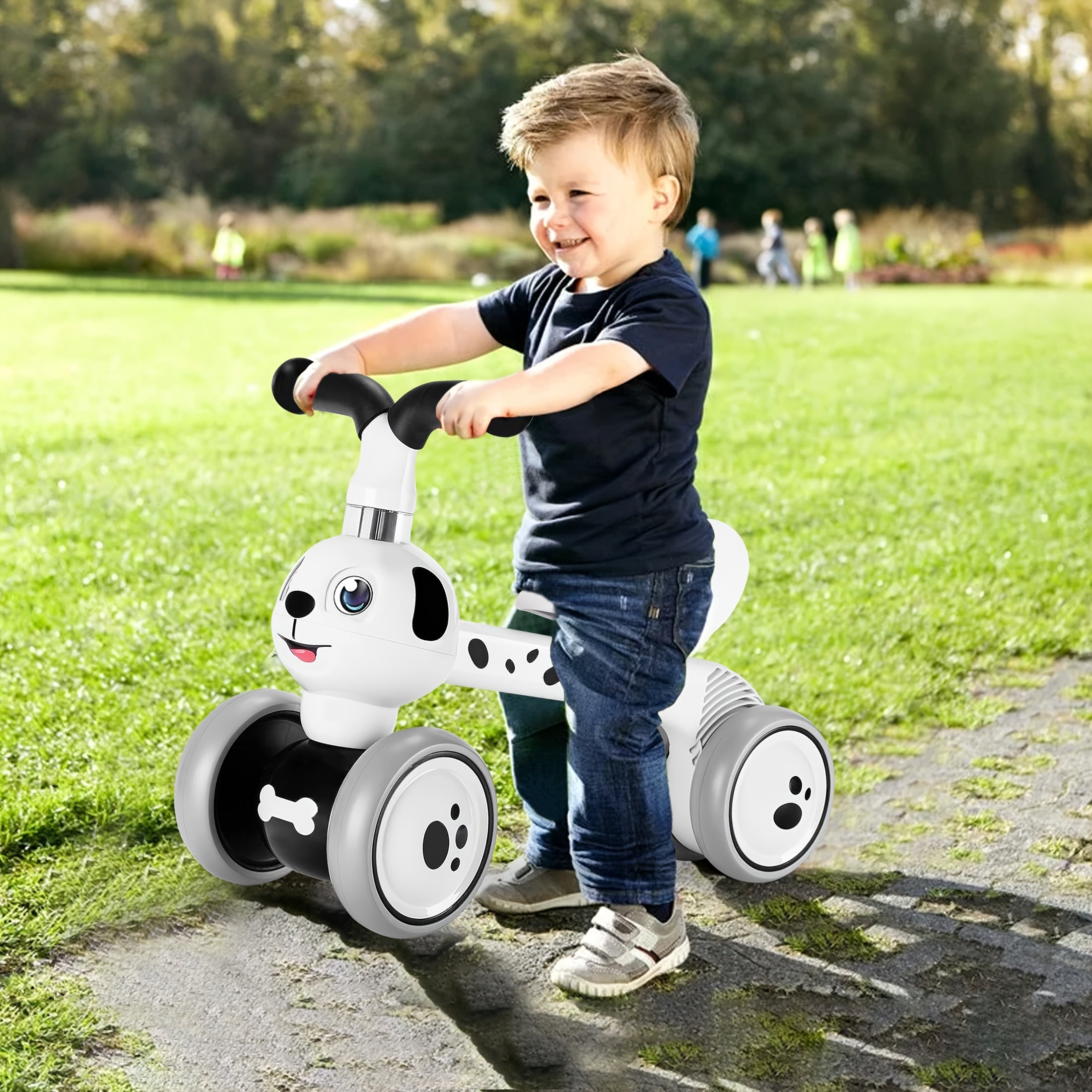 Toddler Balance Bike 10-36 Months – 4 Wheel No Pedal Baby Ride On Toy, Dalmatian Dog Style, Adjustable Seat & EVA Wheels – Best First Birthday Gift for Baby Boys & Girls