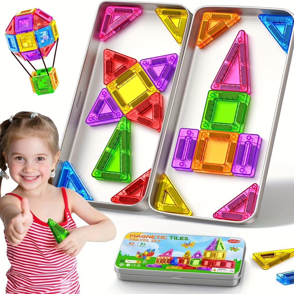 Magnetic Tiles Travel Set 42 Piece Ceramic in Metal Tin – Portable Magnetic Building Blocks for Kids Ages 3+, Educational Sensory STEM Toy, Road Trip Airplane Gift for Boys & Girls On the Go