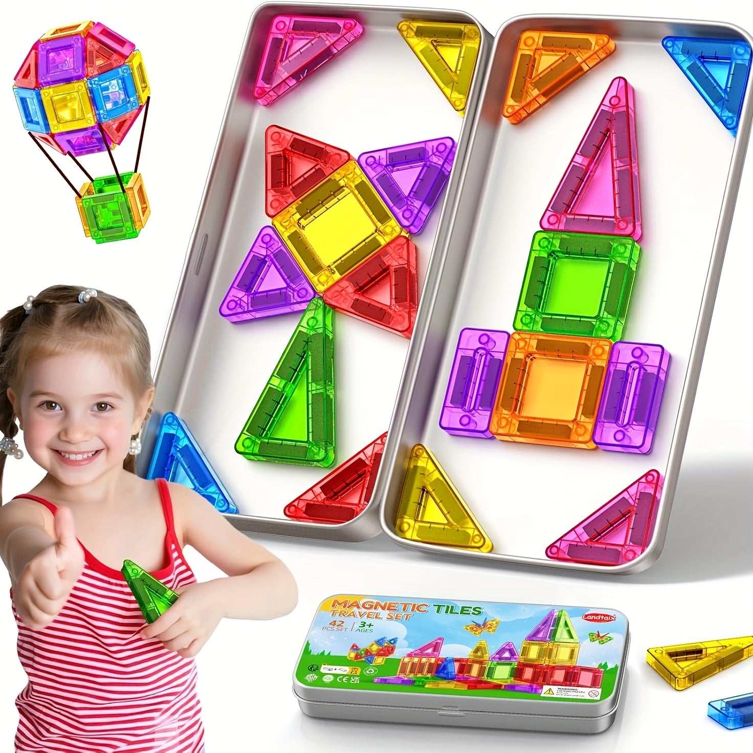 Magnetic Tiles Travel Set 42 Piece Ceramic in Metal Tin – Portable Magnetic Building Blocks for Kids Ages 3+, Educational Sensory STEM Toy, Road Trip Airplane Gift for Boys & Girls On the Go
