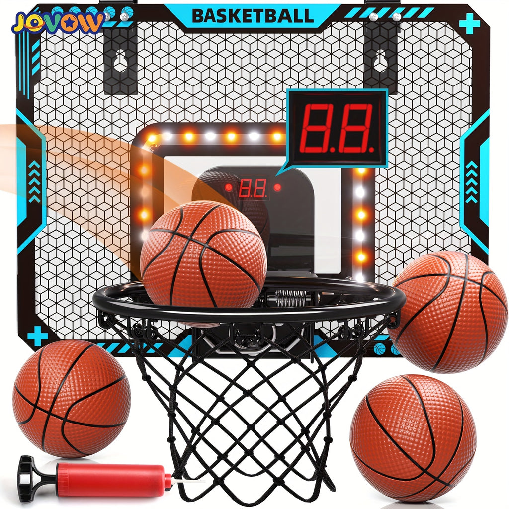 Kids Basketball Hoop Set with LED Lights Electronic Scoreboard 4 Balls Door Stand Indoor Outdoor Sports Toy for Boys Girls - Birthday Christmas Gift