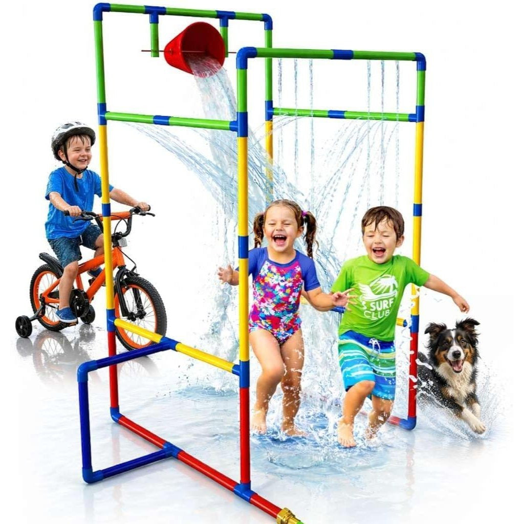 Backyard Waterpark Sprinkler Toy for Kids with Dump Buckets Spinning Splash Wheel Built-In Sprinkler Sturdy Frame Outdoor Summer Water Play Gift for Boys Girls