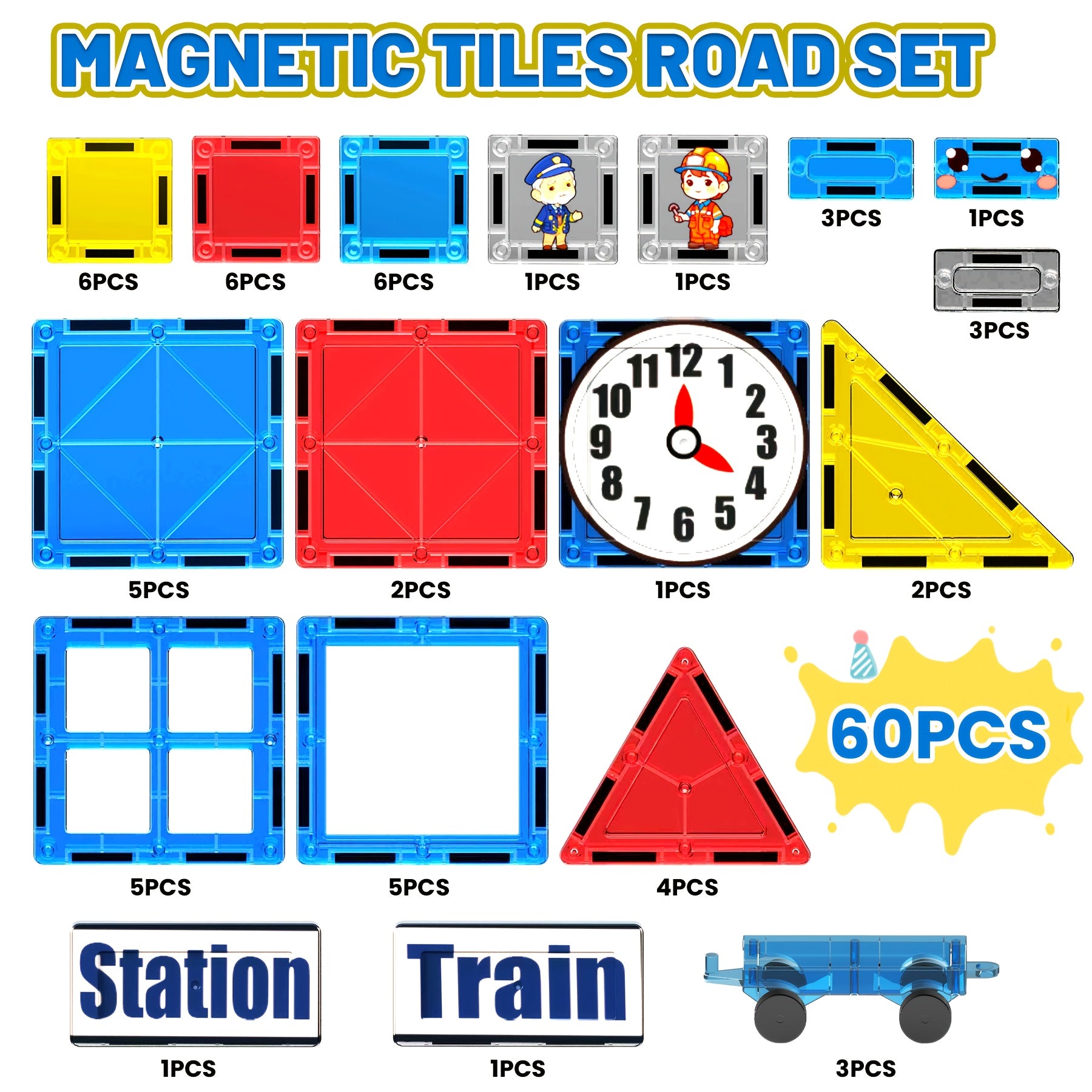 Magnetic Train Station Building Set 60pcs with Railway Tracks Train Clock Tower Trees STEM Educational Toy for Toddlers Kids Ages 3 4 5 6 - Gift