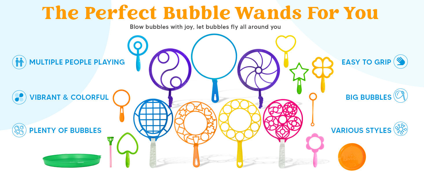 Bubble Wands Set Bulk Pack 30 Pcs - Giant Bubble Blowing Kit for Kids & Adults, Color-Coded Wands with Tray, Non-Toxic, No-Mix Solution-Free