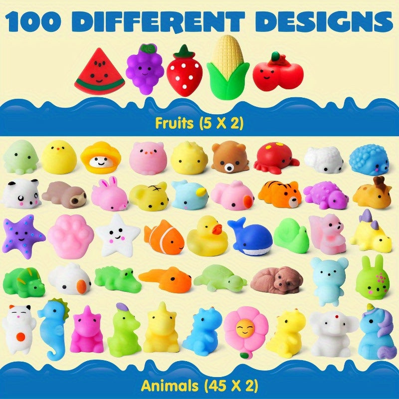 Mini Mochi Squishies 100 Pack – Kawaii Animal & Fruit Squishy Toys for Kids, Classroom Prize, Birthday Party Favor, Halloween Goodie Bag Filler for Boys & Girls