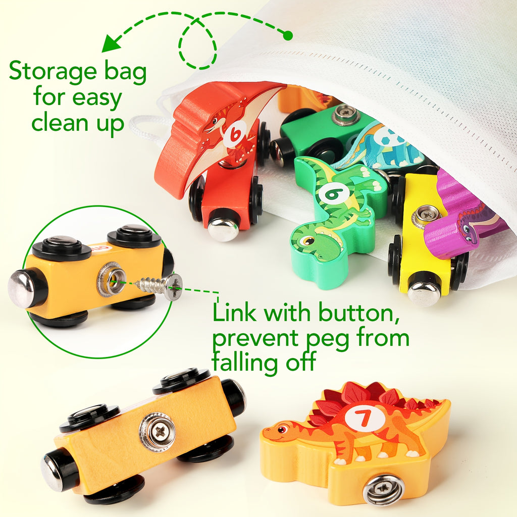Dinosaur Magnetic Wooden Train Set 11pcs Number Learning - Educational STEM Toy for Toddlers Ages 3-5, Birthday Christmas Gift for Boys & Girls