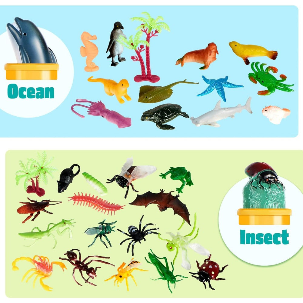 69pcs Animal Figures Toy Set for Kids – Jungle Zoo Ocean Farm & Dinosaur Figurines with Sensory Bin – Educational STEM Toy – Birthday Party Favor & Gift for Boys & Girls Ages 3+