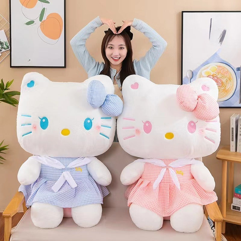 Hello Kitty Dress-Up Plush Stuffed Toy 13.78 Inch – Oversized Sanrio KT Cat Soft Doll, Home Decor Plushie, Birthday Gift for Girls, Pink Plaid & Blue Plaid