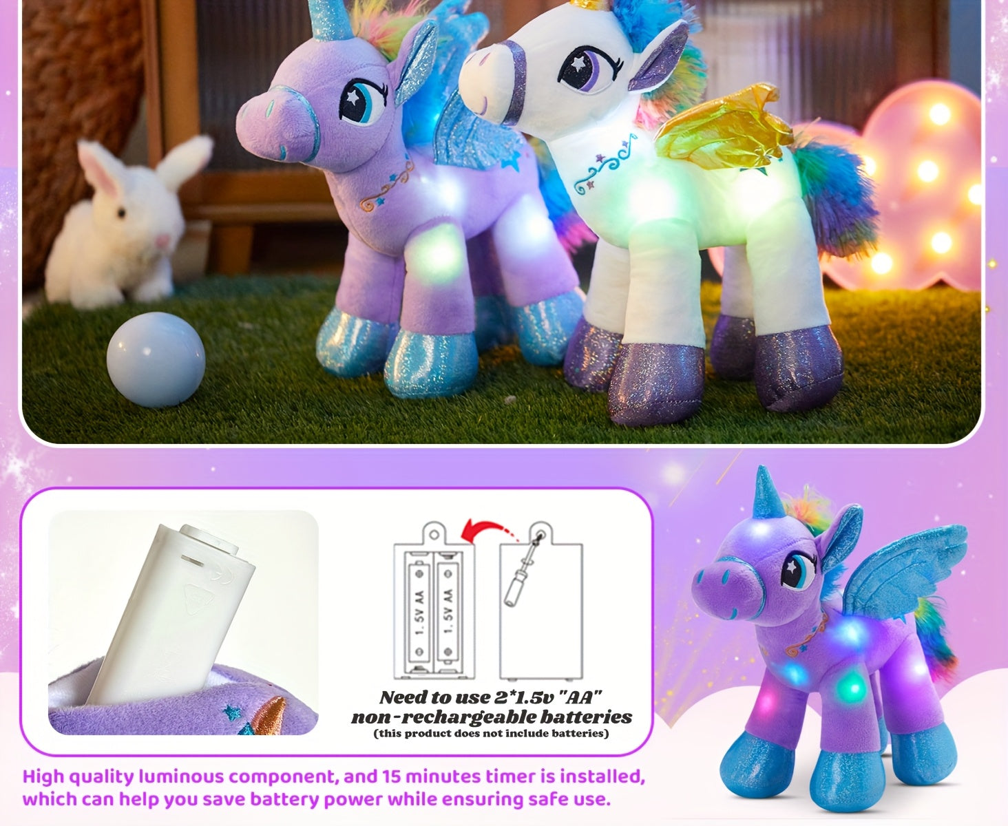 Glowing Unicorn Plush Toy 14 Inch – Purple Angel Unicorn Stuffed Animal with Flashing Night Light, Super Soft Hug Doll, Birthday Baby Shower Gift for Kids Girls, Princess Room Decor