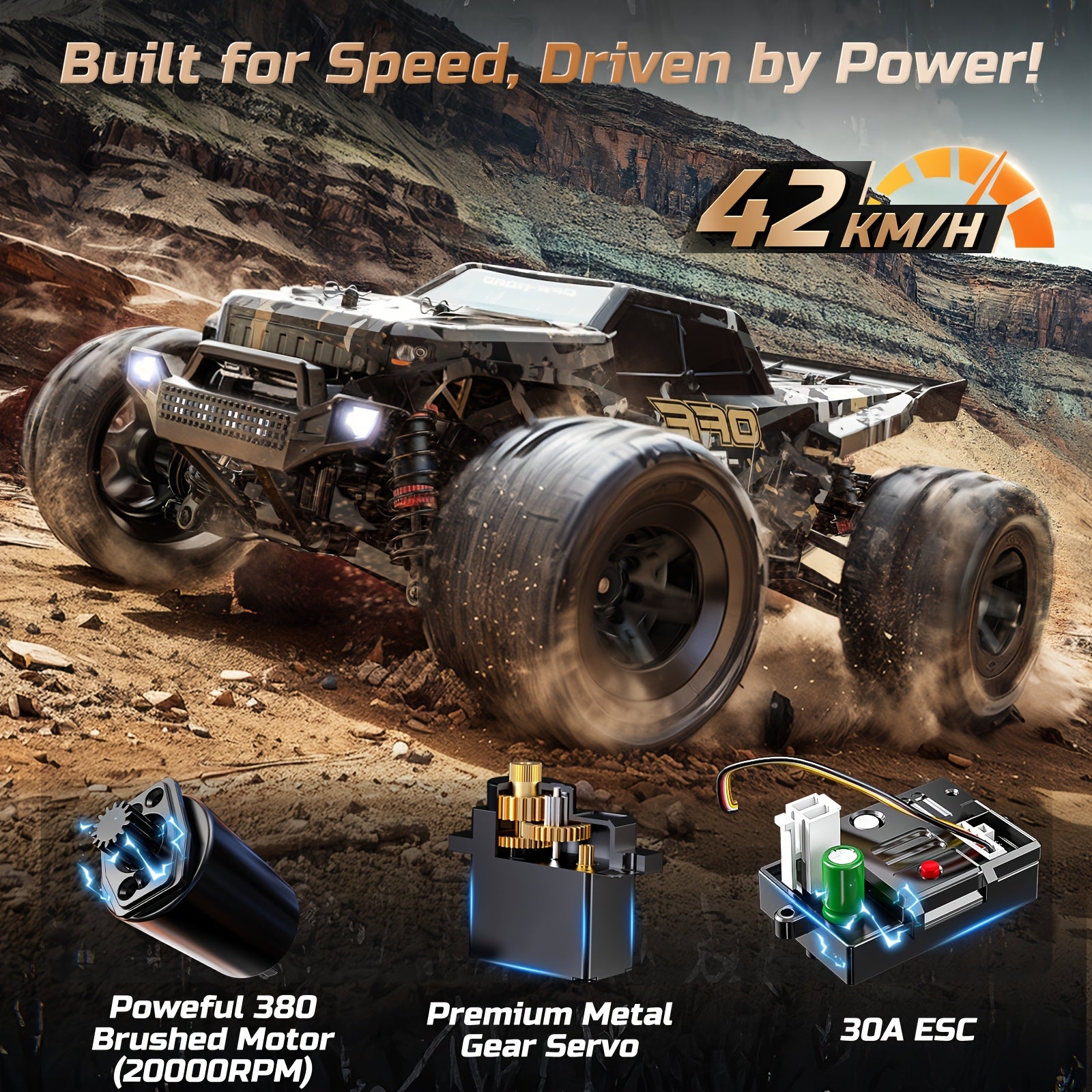 1/16 All-Metal 4WD RC Monster Truck 42KM/H High Speed Off-Road Remote Control Car with Dual Batteries LED Lights Wheelie Bar - Fast RC Truck for Adults Collectors 2.4GHz