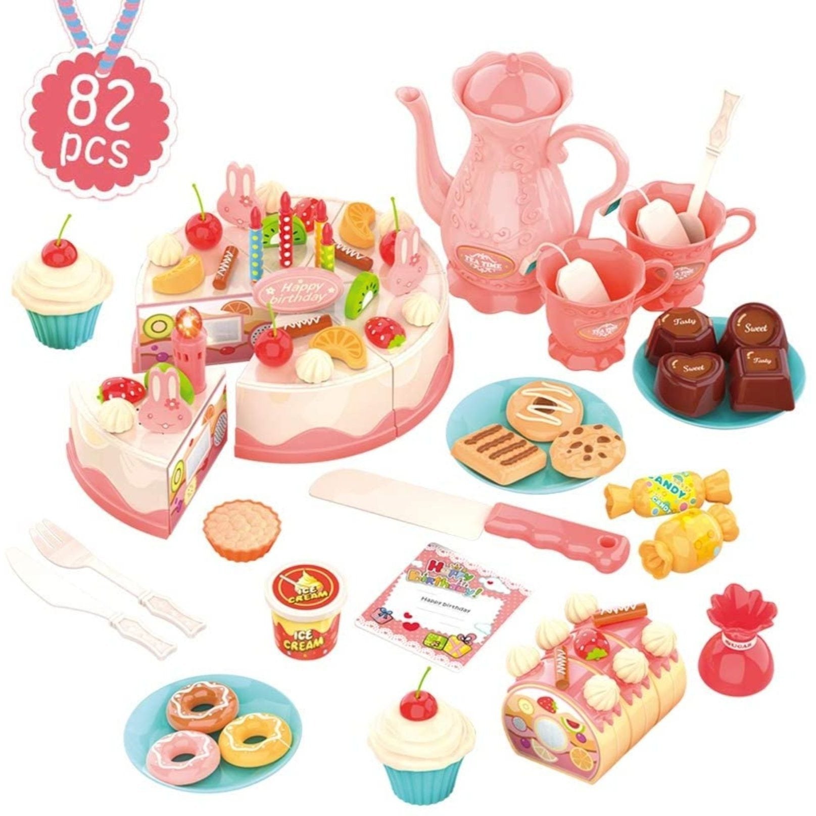 Birthday Cake Tea Party Play Food Toy Set Kids Pretend Play Cake Decorating Dessert Accessories 75-85pcs Girls Ages 3+