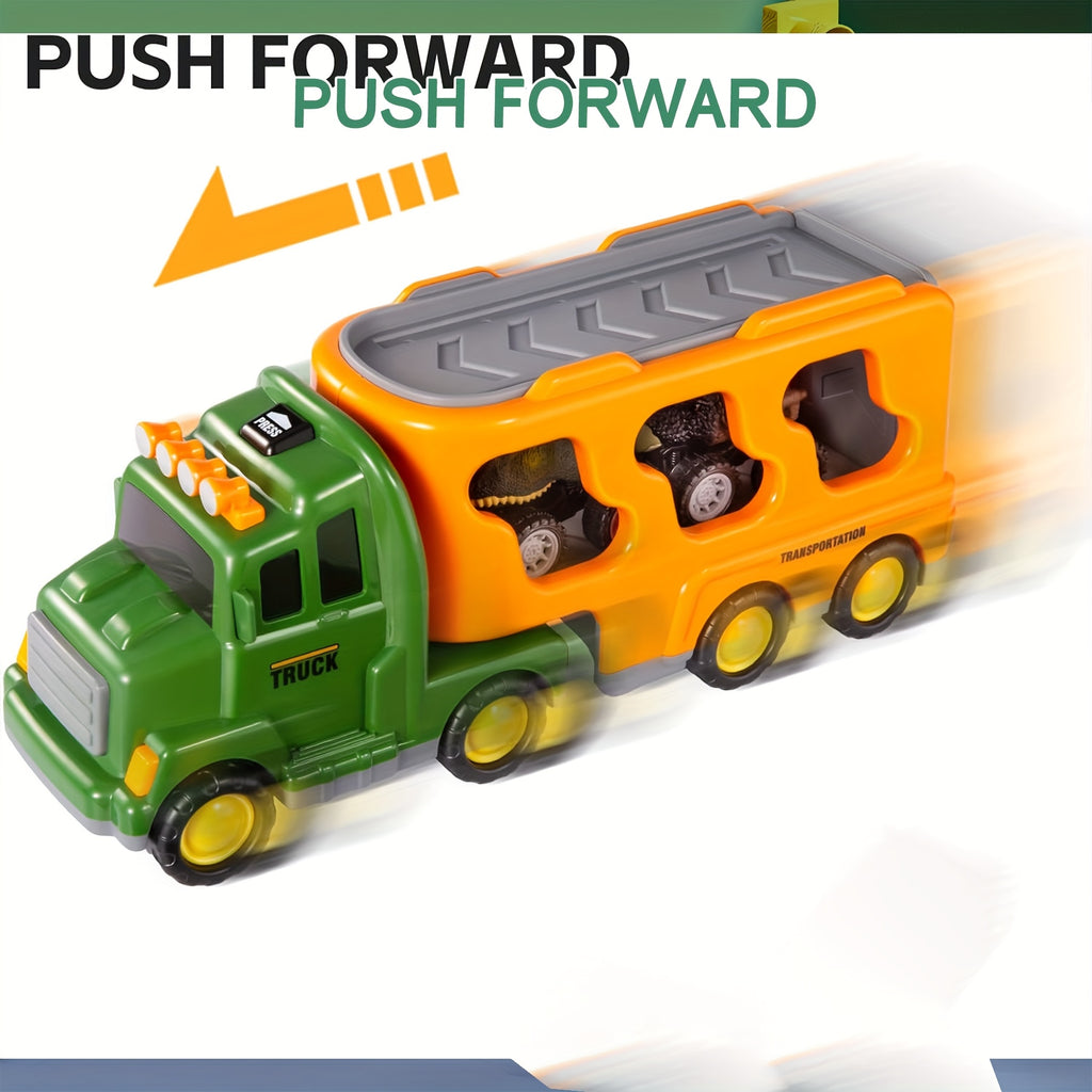 7-in-1 Dinosaur Transport Truck Toy Set with 3 Dino Figures 3 Monster Cars Lights Sounds Friction Push Go for Kids Boys Girls Ages 3 4 5 Birthday Christmas