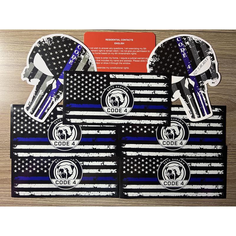 Thin Blue Line Decal Bundle by SGTO SARABIA, 5 American Flag Stickers and 2 Skull Decals, Waterproof UV-Resistant Vinyl with Free Bilingual Red Card