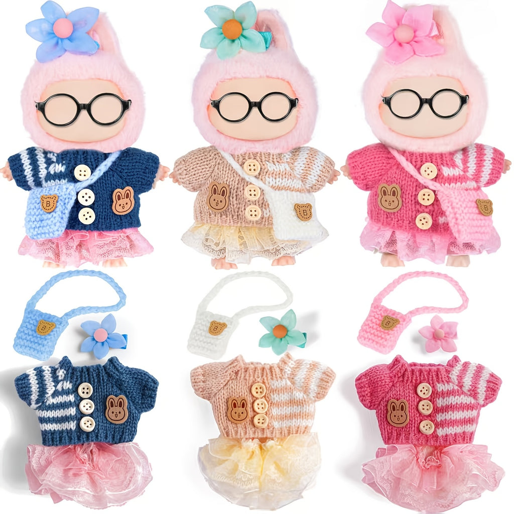 Labubu Doll Clothes 3 Sets for 17cm Plush Dolls – Knit Tops Bubble Tulle Skirts Floral Hair Clips & Bags Blue Beige Pink Complete Fashion Outfits Gift Ages 3+