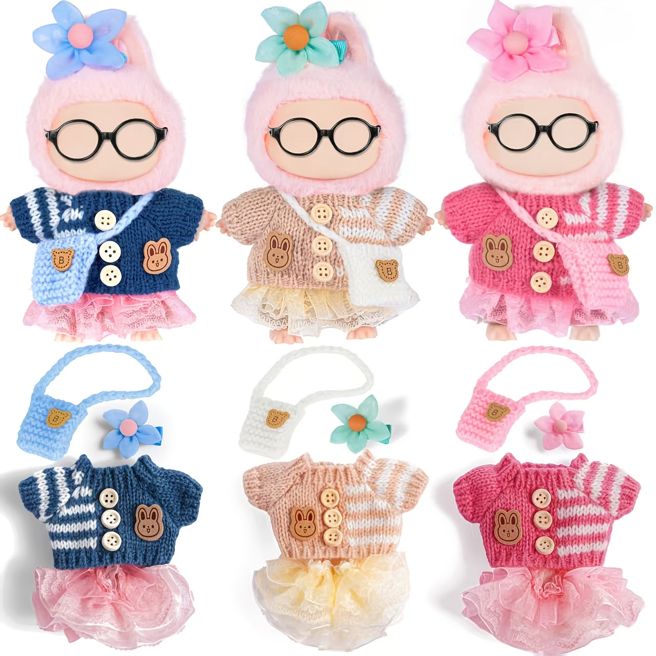 Labubu Doll Clothes 3 Sets for 17cm Plush Dolls – Knit Tops Bubble Tulle Skirts Floral Hair Clips & Bags Blue Beige Pink Complete Fashion Outfits Gift Ages 3+