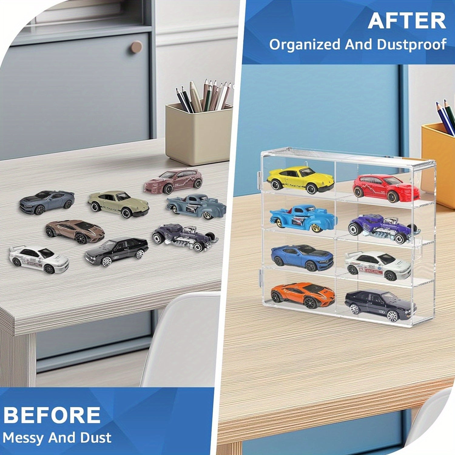 Die-Cast Car Display Case 4pcs 1/64 Scale Acrylic Holds 32 Cars - Dustproof Stackable Clear Storage Organizer for Hot Wheels Matchbox Collectors