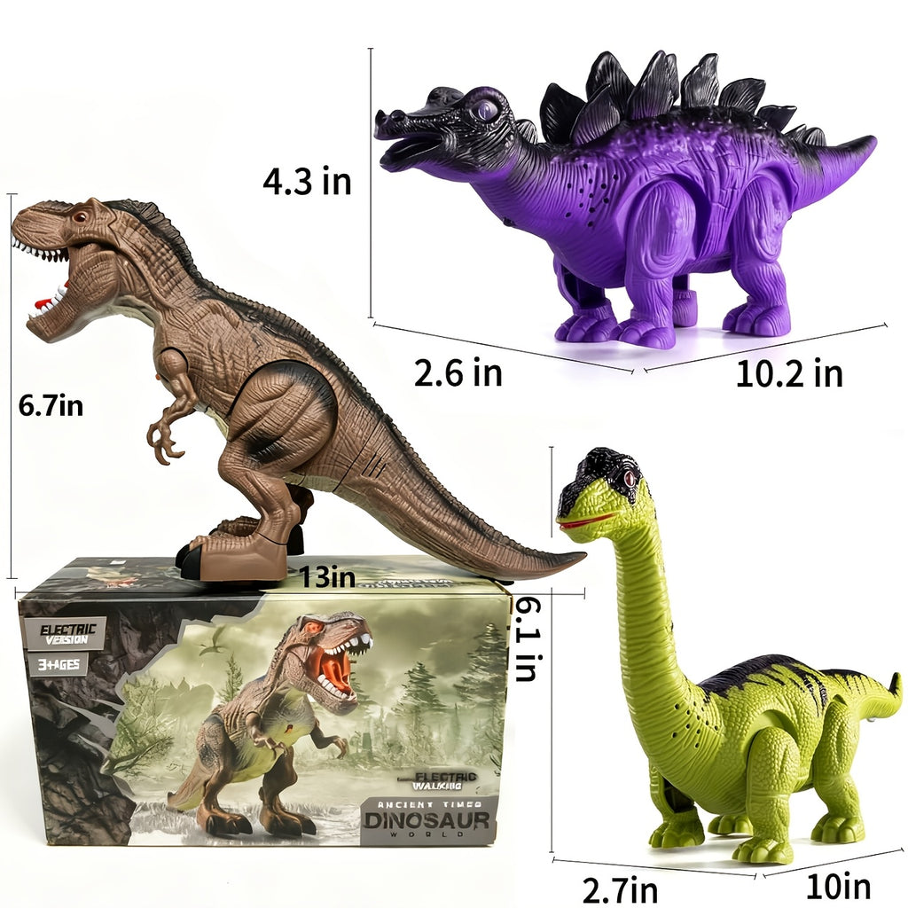 Electric Walking Dinosaur Toy Set 3-Pack with Sound & Light – T-Rex, Brachiosaurus & Stegosaurus Jurassic Dino Figures – Birthday & Christmas Gift for Boys Ages 3-7