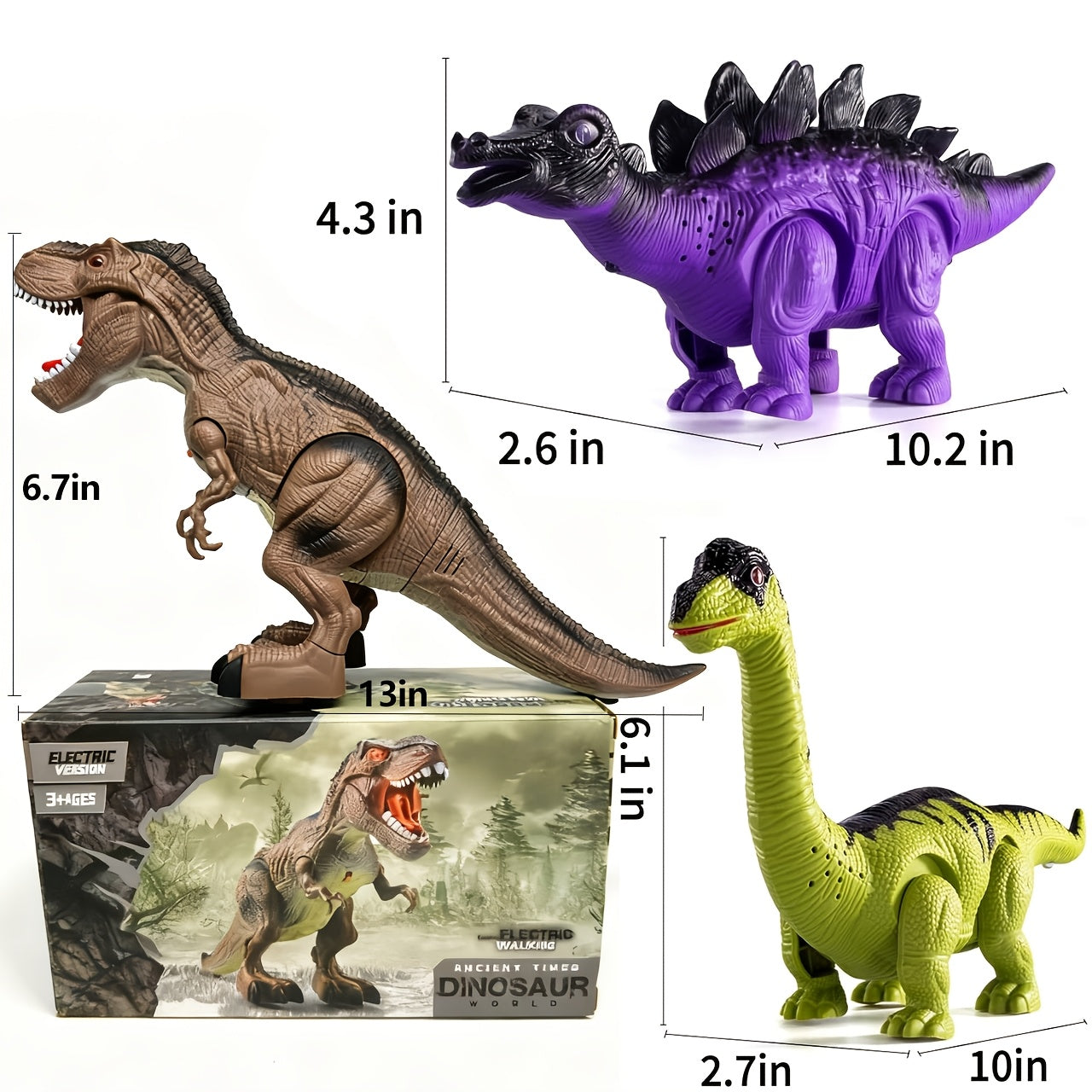 Electric Walking Dinosaur Toy Set 3-Pack with Sound & Light – T-Rex, Brachiosaurus & Stegosaurus Jurassic Dino Figures – Birthday & Christmas Gift for Boys Ages 3-7
