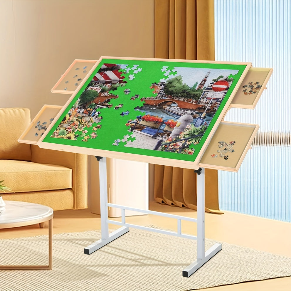 Jigsaw Puzzle Table with 4 Drawers for 1500 Pieces Adjustable Angle & Height 35x26 Inch Tilting Puzzle Board Metal Legs Ergonomic Gift for Adults Neck Back Pain Relief