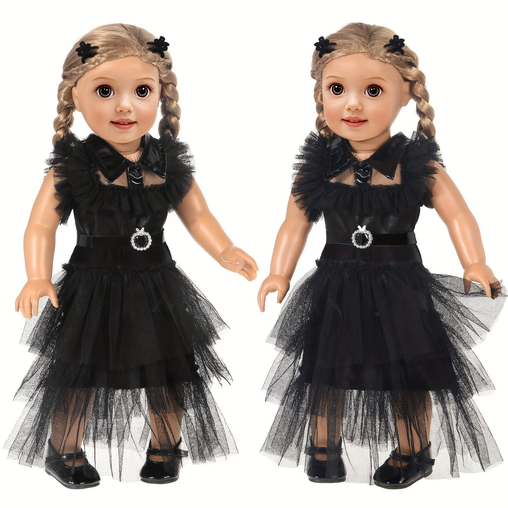 Doll Halloween Costume 18 Inch – Black Tulle Cake Dress with Bow Hair Clip Movie-Inspired Party Outfit for 16-18 Inch Girl Dolls No Doll Gift for Kids