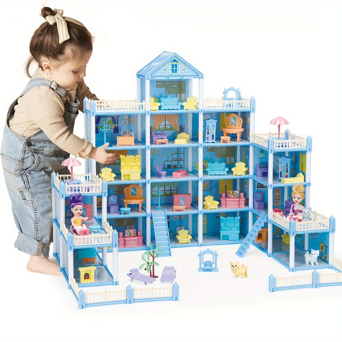Dollhouse Princess Castle with Furniture – 11 to 27 Room Doll Villa Play Set for Girls Logical Thinking Toy Birthday Christmas Gift Kids Ages 3+ Pink Blue