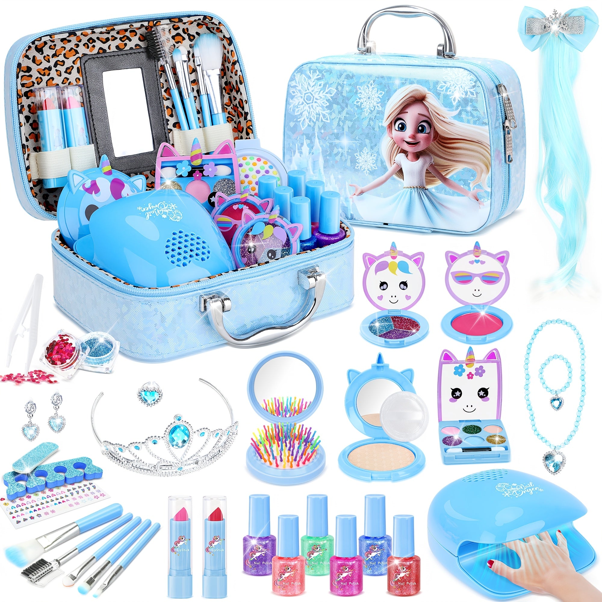 Kids Washable Makeup & Nail Art Set 2-in-1 Princess Toy for Girls Ages 3+ – Complete Cosmetic Kit with Nail Polish Eyeshadow Lipstick Wig Jewelry Birthday Valentine Christmas Gift