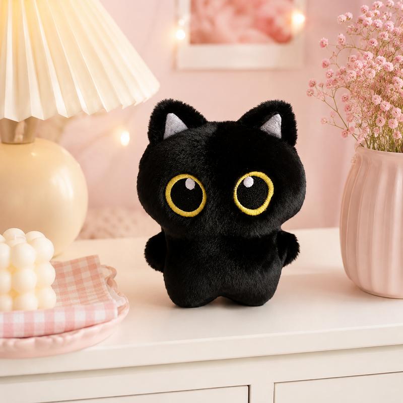 Big Eye Black Cat Plush Toy, Pocket-Sized Kitty Stuffed Animal for Desk and Bedroom Decor, Cute Cat Lover Birthday and Holiday Gift