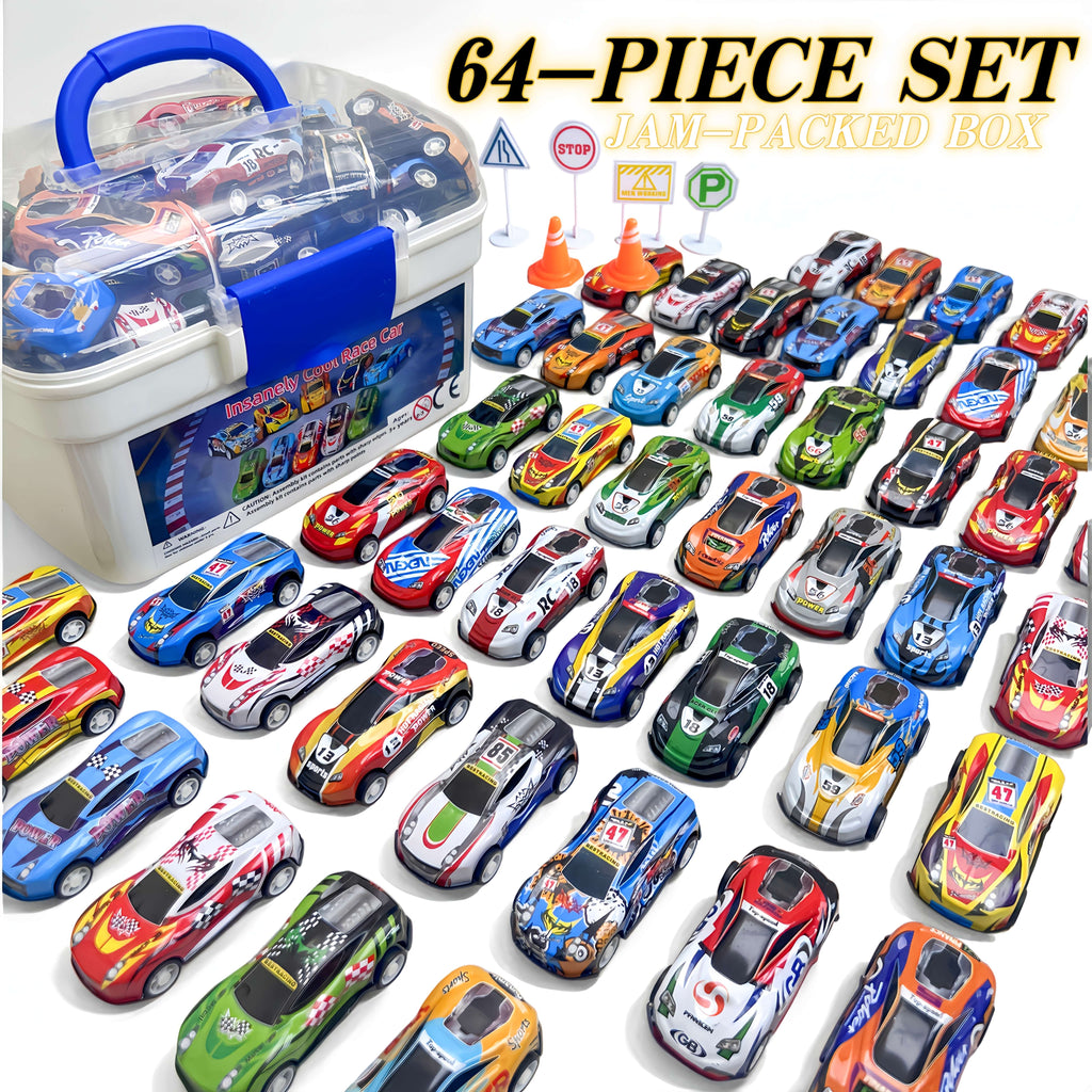 64pcs Mini Pull Back Toy Car Set 56 Vehicles City Map Traffic Signs Storage Box Kids Party Favors Boys Girls Ages 3+ Birthday Christmas Gift