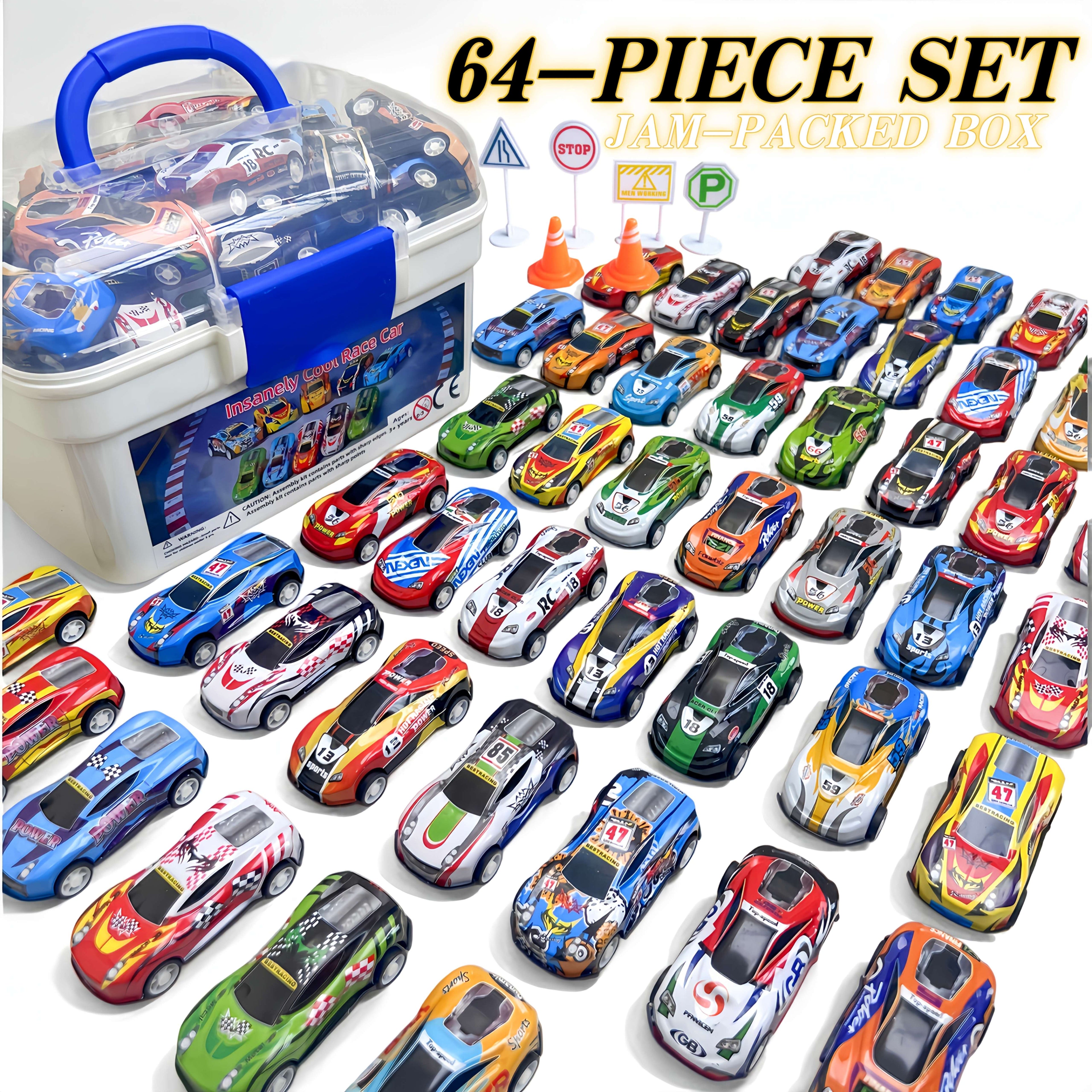 64pcs Mini Pull Back Toy Car Set 56 Vehicles City Map Traffic Signs Storage Box Kids Party Favors Boys Girls Ages 3+ Birthday Christmas Gift