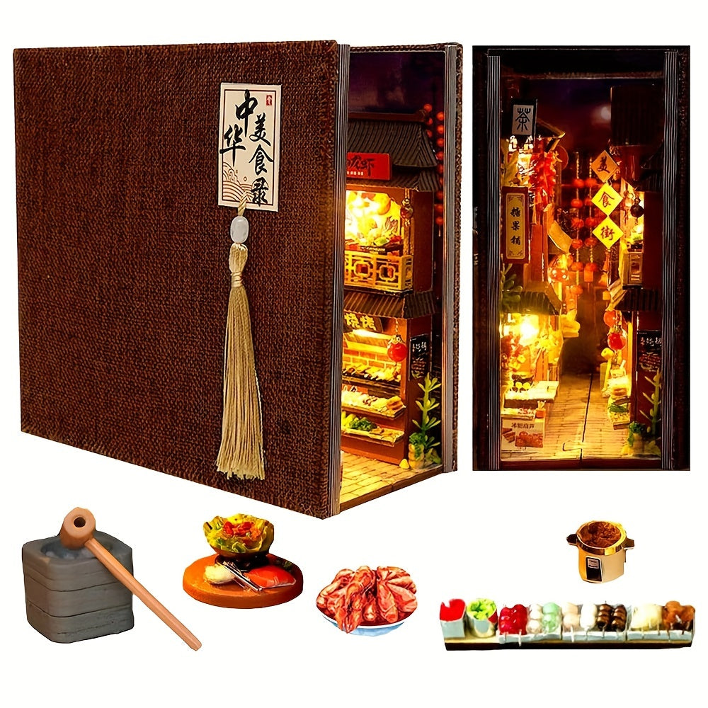 Book Nook Kit DIY Miniature Chinese Food Street – 3D Wooden Puzzle Bookshelf Insert Dollhouse Home Decor Gift for Teens Adults Birthday Christmas No Glue No Battery