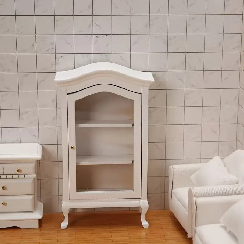 Dollhouse Display Cabinet Miniature White Wooden Hutch with Mirror 3 Glass Shelves Mini Furniture Decoration Photography Prop Wedding Scene Living Room Decor Gift
