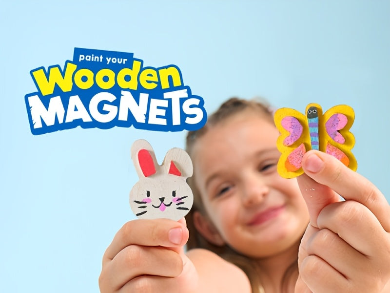12 Wooden Magnet Painting Kit for Kids – DIY Arts & Crafts Set with Paint, Brush & Glitter Glue, Decorate Your Own Fridge Magnets, Easter Basket Stuffer, Birthday Party Favor for Boys Girls Ages 3+