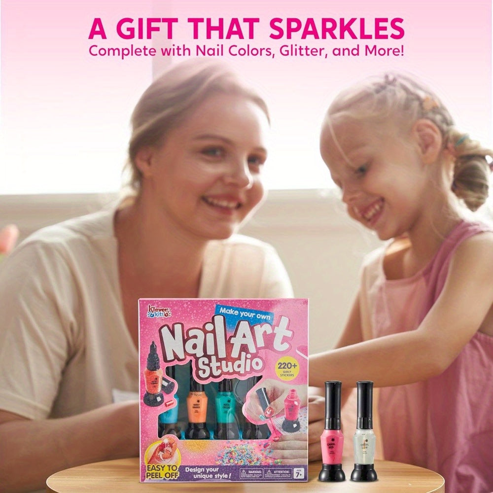 Kids Nail Polish Art Kit for Girls - Non-Toxic Nail Studio with 6 Color Polishes, Glitter, 220+ Stickers & Sequins - Creative Birthday Christmas Gift for Girls Ages 7+