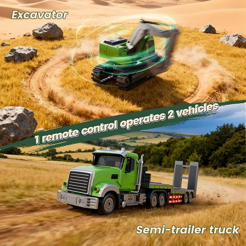 RC Semi Truck with Flatbed Trailer & Alloy Excavator 1:12 Scale 11-Channel - Construction Vehicle Set with Lights Sound, Engineering Toy Gift for Boys Ages 3+