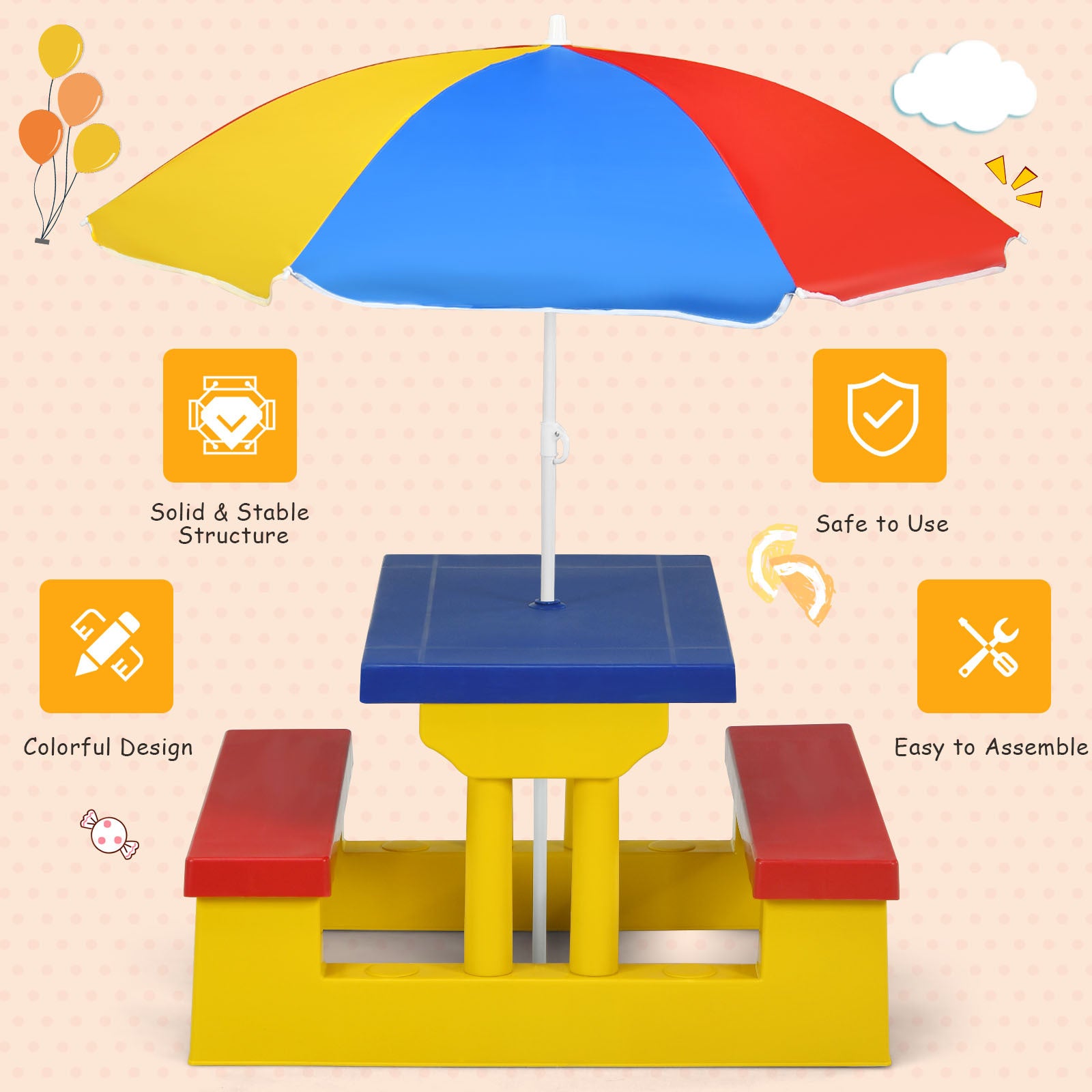 Kids Picnic Table Set with Removable Umbrella Outdoor Indoor 4-Seat Rainbow Colorful PP Toddler Garden Patio Furniture Birthday Gift