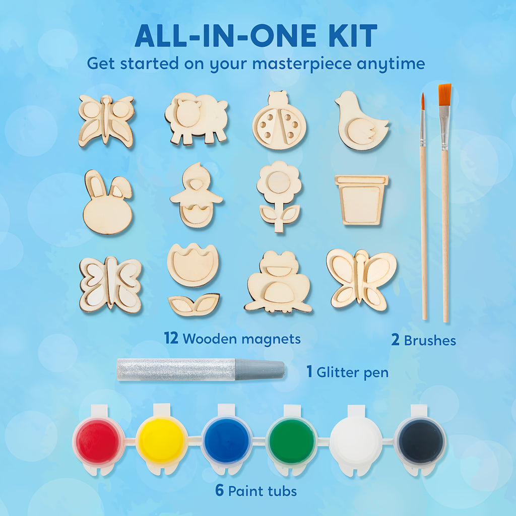 12 Wooden Magnet Painting Kit for Kids – DIY Arts & Crafts Set with Paint, Brush & Glitter Glue, Decorate Your Own Fridge Magnets, Easter Basket Stuffer, Birthday Party Favor for Boys Girls Ages 3+