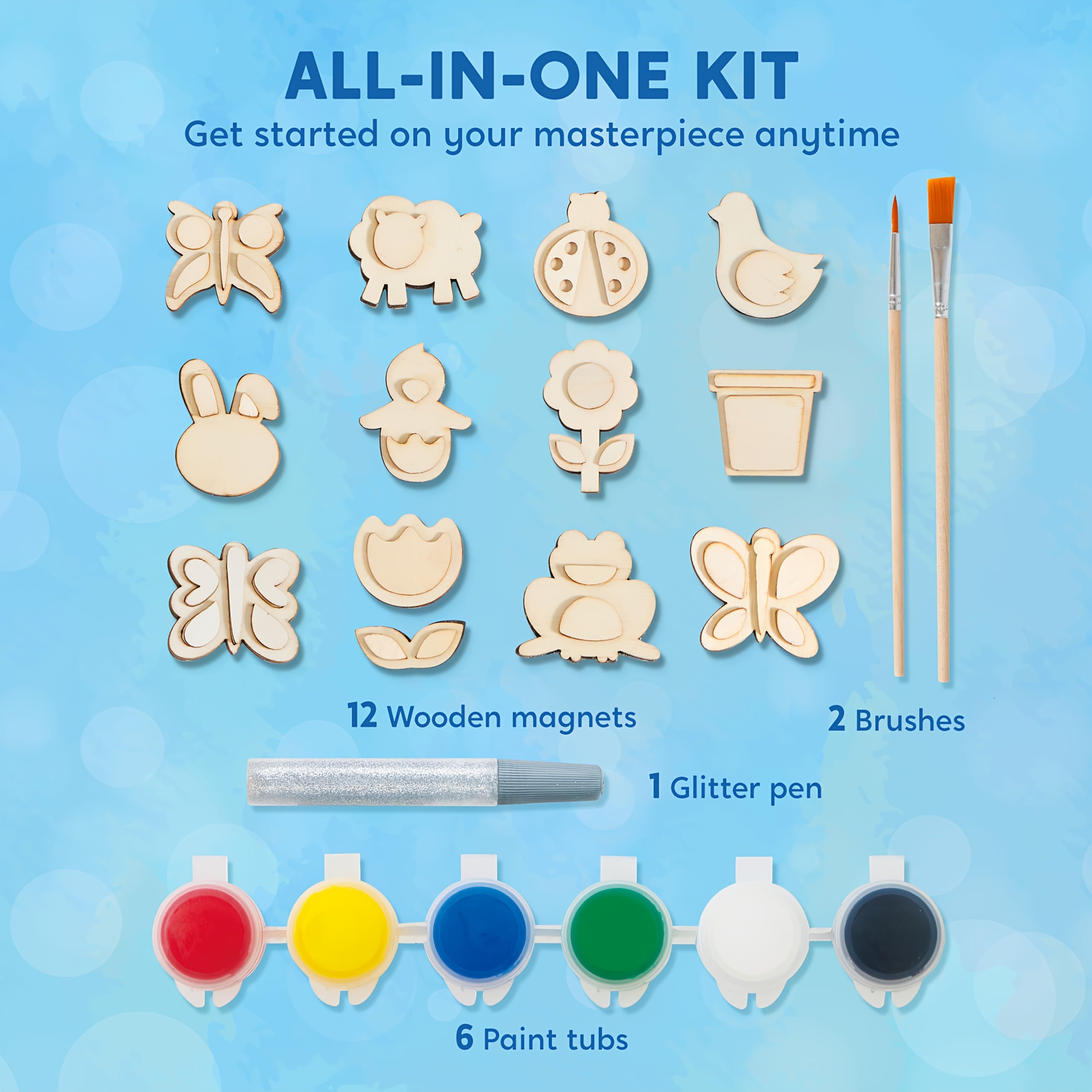 12 Wooden Magnet Painting Kit for Kids – DIY Arts & Crafts Set with Paint, Brush & Glitter Glue, Decorate Your Own Fridge Magnets, Easter Basket Stuffer, Birthday Party Favor for Boys Girls Ages 3+
