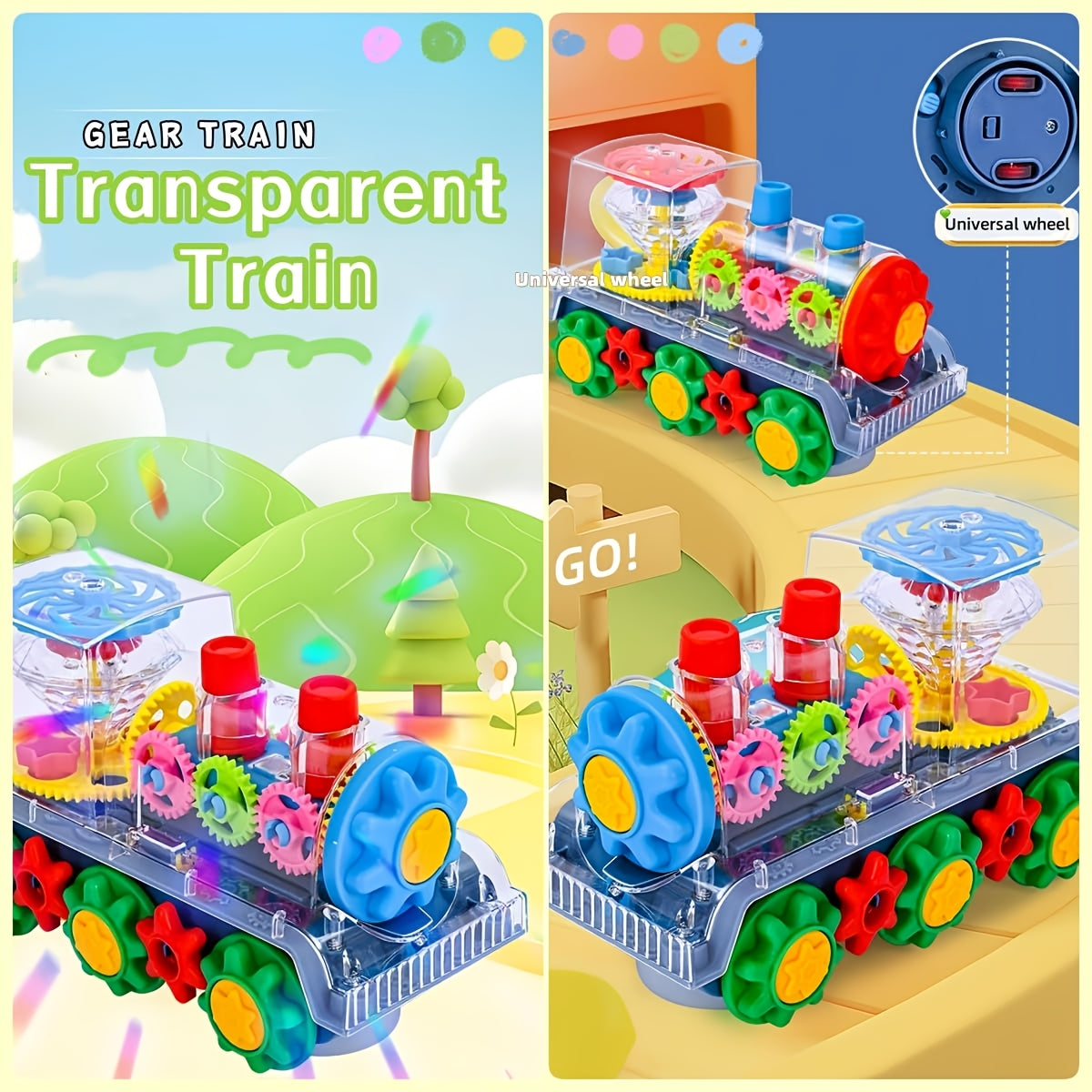Electric Transparent Gear Train Toy for Toddlers with Flashing Lights & Music – 360 Spin Educational See-Through Gear Vehicle, Fun Learning Gift for Boys & Girls Ages 2+
