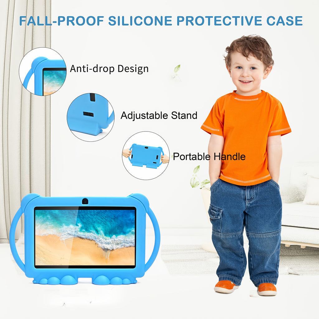 Kids Tablet 7-Inch Android 12 4GB RAM 32GB ROM Dual Cameras Eye Protection Display Parental Control 2.4G WiFi Shock Resistant Case – Gift for Children Boys Girls