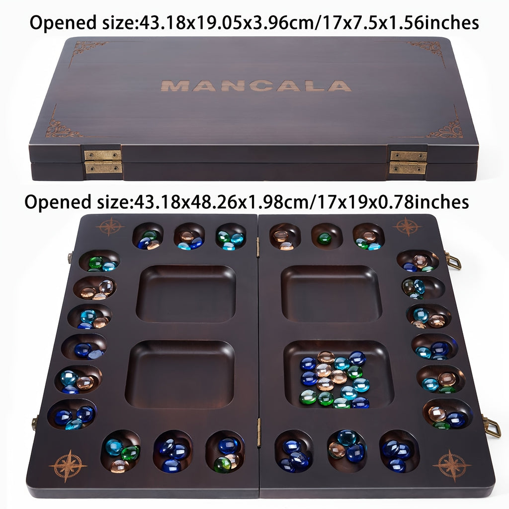 Mancala Board Game Set 4-Player Luxury Solid Wood Folding Board – 96+12 Bonus Multicolor Glass Stone Beads, Instructions Included, Classic Family Strategy Game Gift for Kids Adults Halloween Christmas