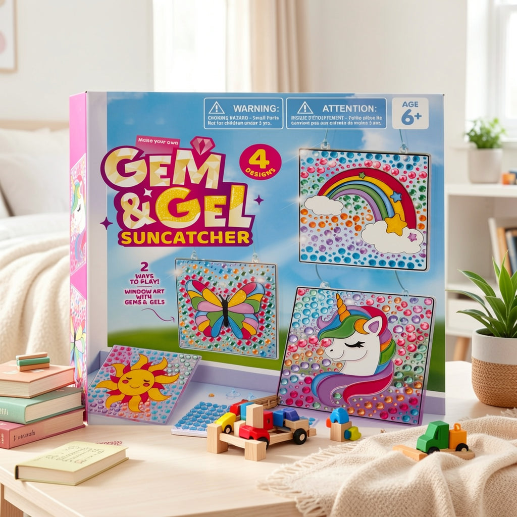 4-Piece Suncatcher Painting Kit 2-in-1 Gem Stickers and Window Paint Pens Butterfly Unicorn Rainbow Sun Designs Arts Crafts Gift for Girls Boys Ages 6 Plus