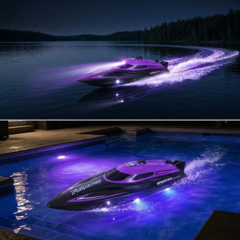 Remote Control Boat for Kids 25KM/H LED Night Light Effect Pool Lake Racing RC Hovercraft Toy One-Touch Speed Control Outdoor Water Toy Ages 6+