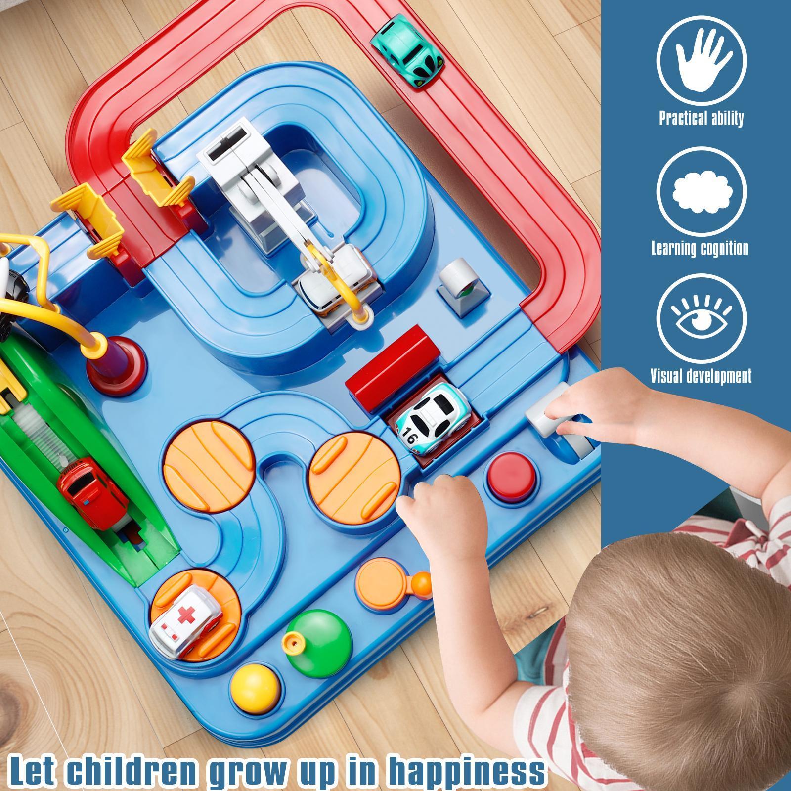 Kids Manual Race Track Playset 8-Level with 6 Mini Cars – Car Adventure Toy with Helicopter, Parking Lot, Sliding Rail & Checkpoint, No Battery Needed, Birthday Gift for Boys Girls Toddlers