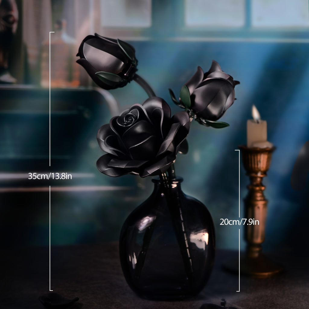 Gothic Black Rose Building Block Set 152pcs – 3 Artificial Flower Bouquet Bricks Art Piece, Unique Party Gift & Home Decor for Rose Lovers