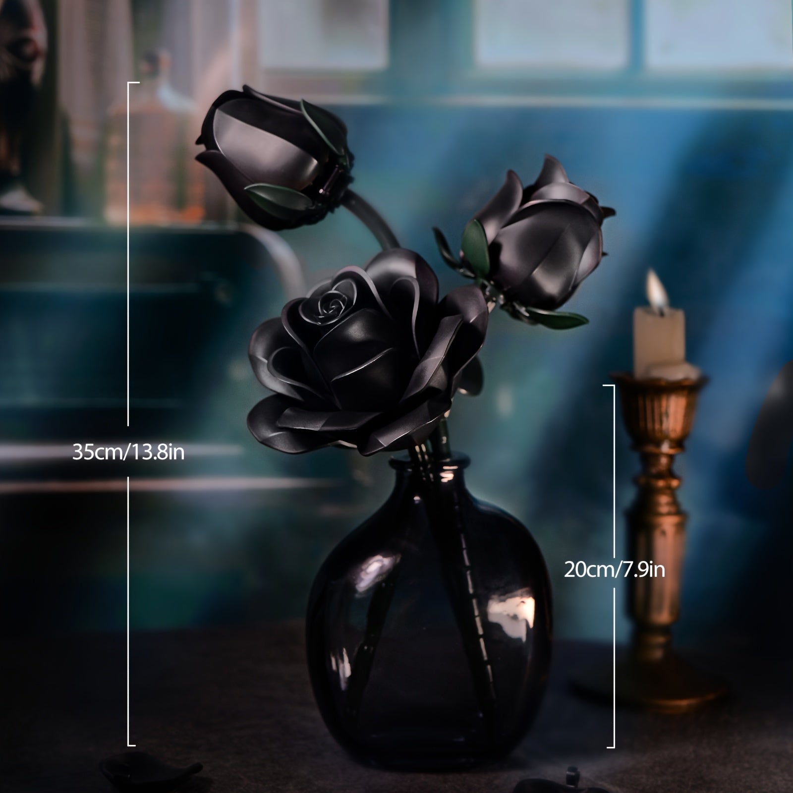 Gothic Black Rose Building Block Set 152pcs – 3 Artificial Flower Bouquet Bricks Art Piece, Unique Party Gift & Home Decor for Rose Lovers
